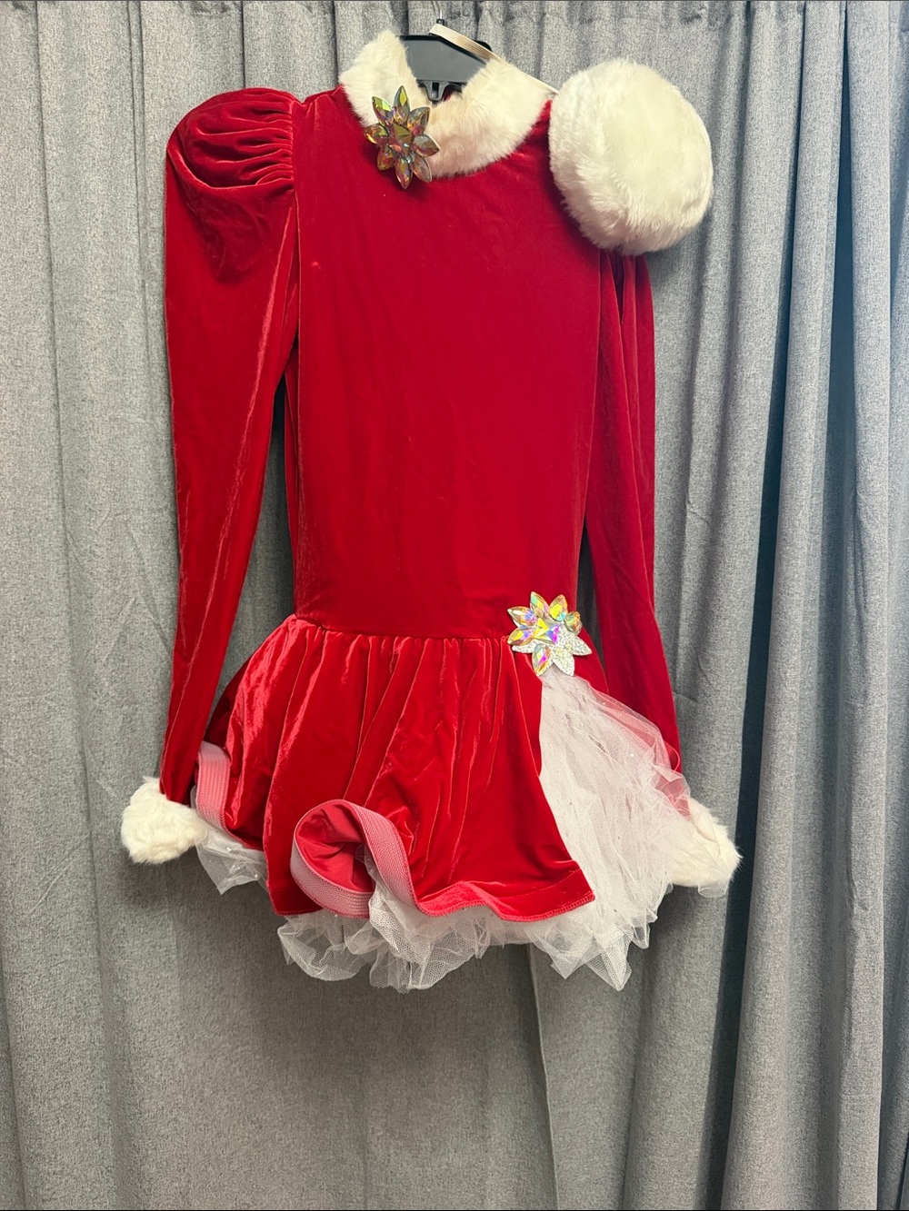 Weissman Red Velvet Holiday Dance Costume with White Faux Fur Trim